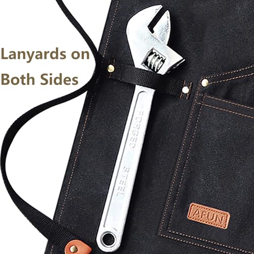 AFUN Work Aprons for Men with Large Pockets, Cotton Canvas Cross Back Heavy Duty Adjustable Tool Apron, Size M to XXL (Black) AFUN