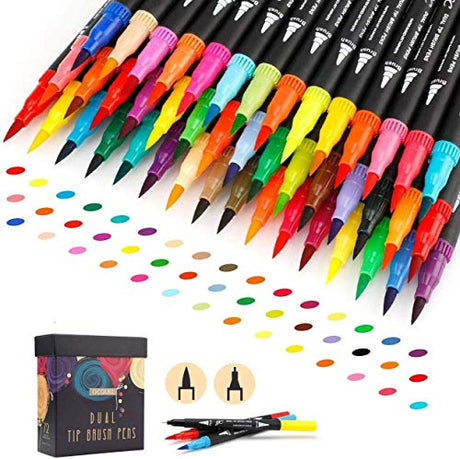 GC 72 Colors Dual Tip Brush Pens Highlighter 72 Art Markers 0.4mm Fine liners & Brush Tip Watercolor Pen Set for Adult and kids Coloring Books, GC WRITING QUILL