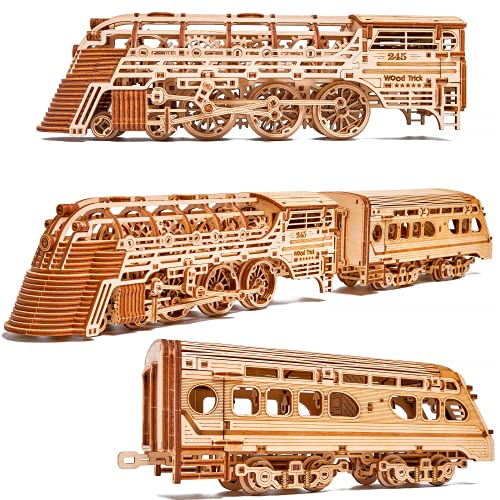 Wood Trick Atlantic Express Train 3D Wooden Puzzles for Adults and Kids to Build - 26.7x4 in - Rides up to 9 ft - Mechanical Locomotive Model Kit for Wood Trick