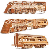 Wood Trick Atlantic Express Train 3D Wooden Puzzles for Adults and Kids to Build - 26.7x4 in - Rides up to 9 ft - Mechanical Locomotive Model Kit for Wood Trick