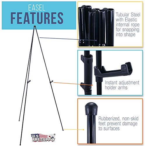 U.S. Art Supply 63" High Steel Easy Folding Display Easel - Quick Set-Up, Instantly Collapses, Adjustable Height Display Holders - Portable Tripod U.S. Art Supply
