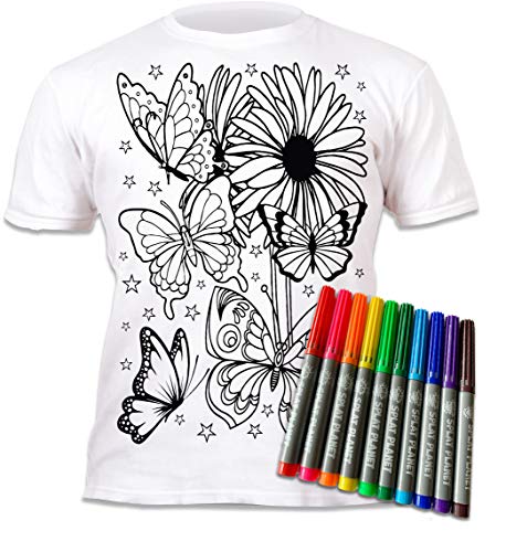Splat Planet Butterflies T-Shirt with 10 Non-Toxic Washable Magic Markers - Color in and Wash Out and Color in Again T-Shirt (9-11 Years) White Splat Planet