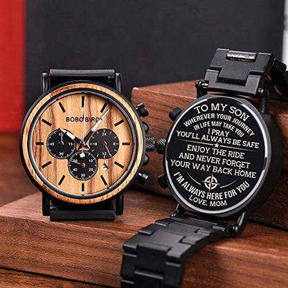 BOBO BIRD Mens Personalized Engraved Wooden Watches, Stylish Wood & Stainless Steel Combined Quartz Casual Wristwatches for Men Family Friends - WoodArtSupply