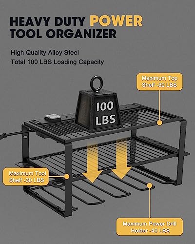 Wall Mount Power Tool Organizer and Charging Station - 6 AC Outlets, 3 Layers for Drills, Great as Heavy Duty Garage Tool Rack WellMall