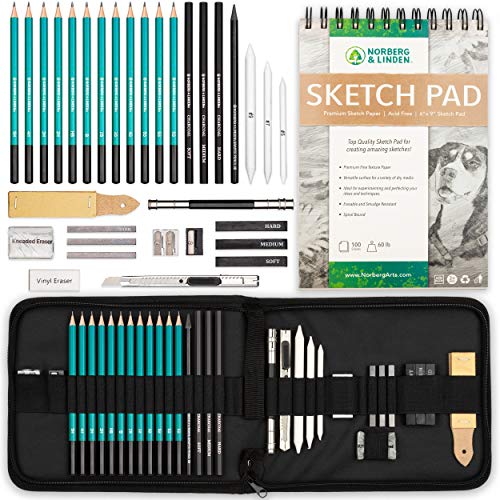 Norberg & Linden XL Drawing Set - Sketching, Graphite and Charcoal Pencils. Includes 100 Page Drawing Pad, Kneaded Eraser, Blending Stump. Art Kit Norberg & Linden