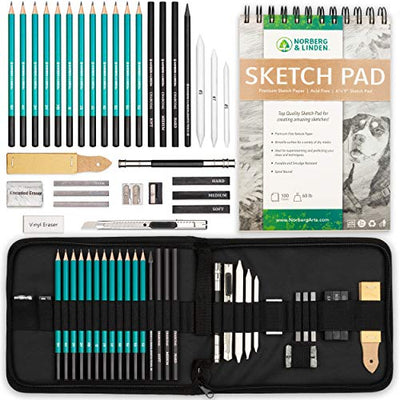 Norberg & Linden XL Drawing Set - Sketching, Graphite and Charcoal Pencils. Includes 100 Page Drawing Pad, Kneaded Eraser, Blending Stump. Art Kit