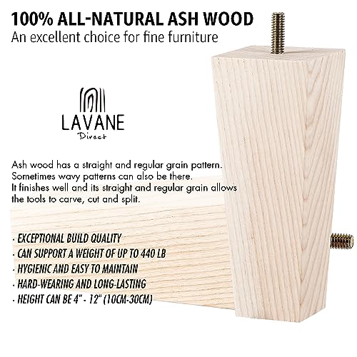 4 inch Unfinished Ash Wood Furniture Legs, LAVANE Set of 4 Mid-Century Modern Pyramid Wooden Replacement Feet with Pre-Drilled 5/16 Inch Bolt & La Vane