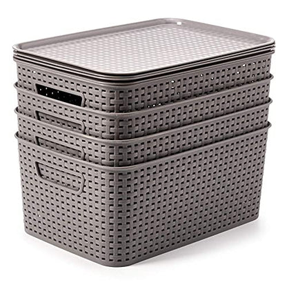 EZOWare Set of 4 Lidded Storage Bins, Large Plastic Stackable Weaving Wicker Organizing Basket Box Containers with Lid and Handle - Gray,