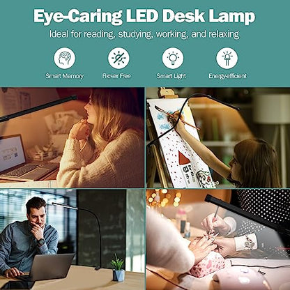 CUHIOY Desk Lamp with Metal Clamp, 3 Colors 10 Lightings LED Desk Light with USB Adapter for Home Office, Eye-Caring Flexible Gooseneck Clip on - WoodArtSupply