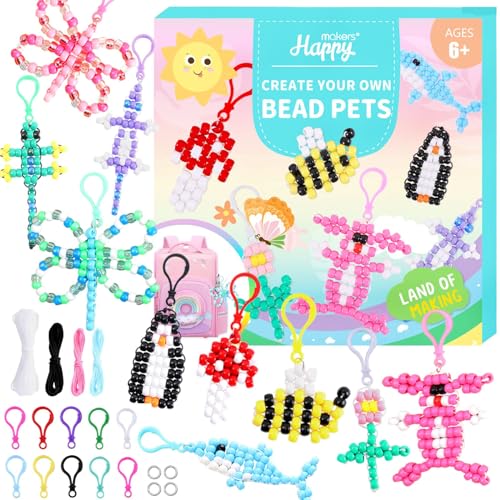 Happy makers Bead Pets, Pony Beads Kit Multicolor Pony Beads Animals Keychain Making Kit with Instruction, Keyring & Key Clasp, Ultimate Bead Pets Happy makers