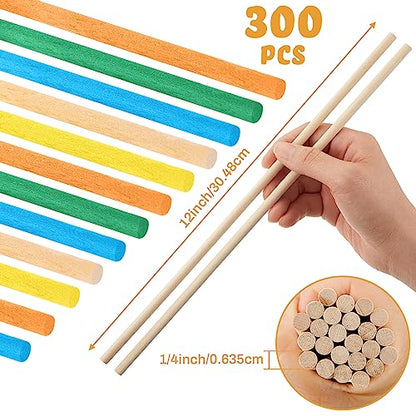 Bokon 300 Pcs Wooden Dowel Rods 1/4 x 12 Inch Wooden Sticks for Crafts Unfinished Hardwood Crafts Long Sticks Wooden Dowels for DIY Projects Model - WoodArtSupply