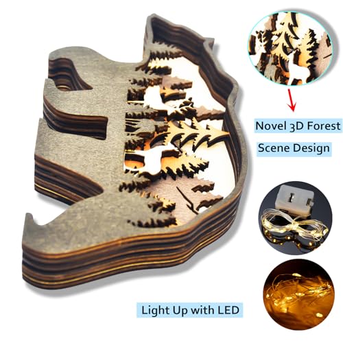 MIYOLO Light Up Bear Art Decor Wooden Brown Bear Figurine with LED Home Shelf Desk Decorations Rustic Multi-Layer Bear Crafts MIYOLO