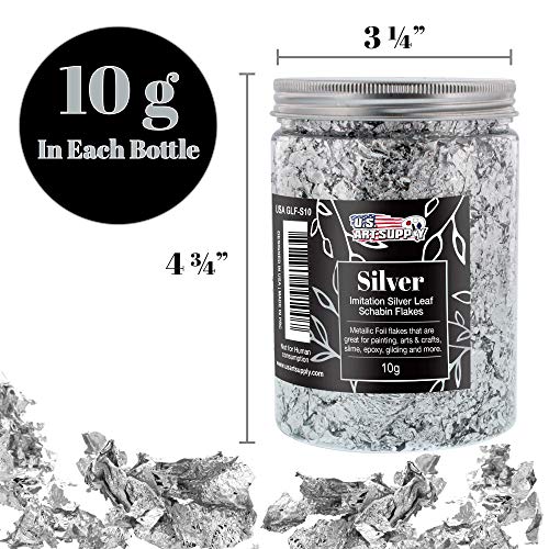 U.S. Art Supply Metallic Foil Schabin Gilding Silver Leaf Flakes - Imitation Silver 10 Gram Bottle - Gild Picture Frames, Paintings, Furniture, U.S. Art Supply