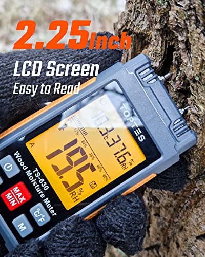 TopTes TS-630 Wood Moisture Meter for Firewood/Drywall, 2.25-inch LCD Screen with 3 Color Backlight Dry-Moisture-Wet Display, 2 Mode 7 Calibration