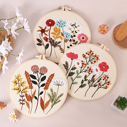 Picoey Flower Embroidery Kit for Beginners with Pattern and Instructions,4 Pack Cross Stitch Kits,2 Wooden Embroidery Hoops,Threads and