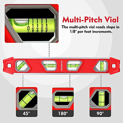 WORKPRO 12 Inch Torpedo Level, Magnetic Small Leveler Tool, Plumbing Level with Pitch Vial, Aluminum Reinforced, 4 Bubbles, V-Groove for Conduit - WoodArtSupply