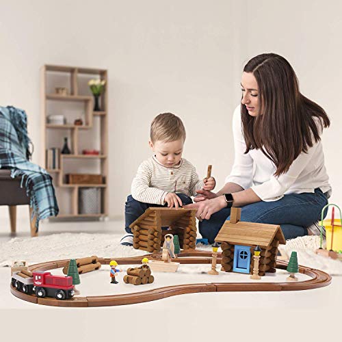 SainSmart Jr. 100 PCS Wooden Train Set with Log Cabin, Toddler Buildable Train Track - Real Wood Building Blocks Construction Toy for 3,4,5 Year Old - WoodArtSupply