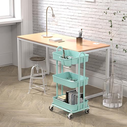 Simple Houseware 3-Tier Multifunctional Rolling Utility Cart with 2 dividers and Hanging Bucket, Turquoise