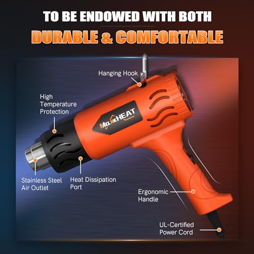 Heat Gun, MAXXHEAT 1800W Fast Heat Gun for Crafts with Dual Temperature Settings 572℉&1112℉, Dual Overload Protection, Reflector Nozzle for Shrinking