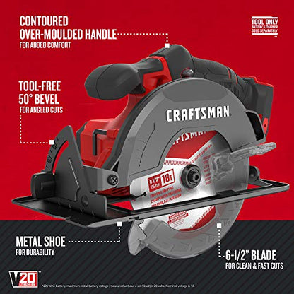 CRAFTSMAN V20 Cordless Circular Saw, 6-1/2 inch, Bare Tool Only (CMCS500B) - WoodArtSupply