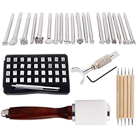 KLLsmDesign 65 Pcs Leather Sculpture Stamping Tools Kit Included Pattern Alphabet Digital Leather Stamp Punch Set,Dotting Tools,Leather Swivel KLLsmDesign