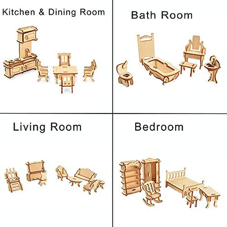BOHS 34-Piece Dollhouse Furniture Set - Laser Cut Wooden 3D Puzzles - Miniature Doll House DIY Models and Accessories BOHS