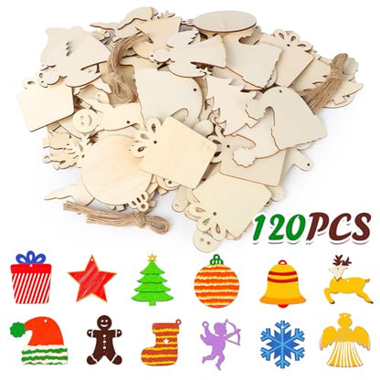 120 Pcs DIY Wooden Christmas Ornaments, Wooden Ornaments to Paint, Xmas Christmas Tree Wood Painting Craft Kit, Festival Holiday Unfinished Wood