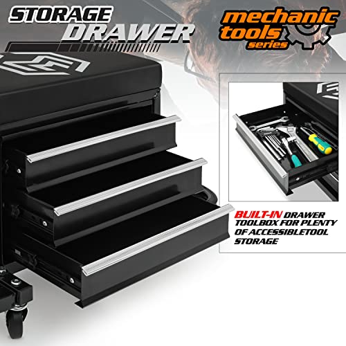 M-AUTO Rolling Mechanic Stool Garage Toolbox Stool Tool Chest Seat w/Wheels, 350LBS Capacity Padded Mechanic Stool Creeper Seat w/Drawers & Side Tool M-AUTO