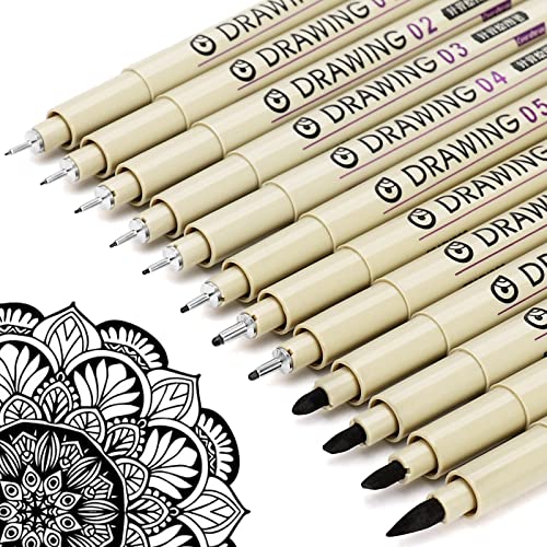 Micro Fineliner Drawing Art Pens: 12 Black Fine Line Waterproof Ink Set Artist Supplies Archival Inking Markers Liner Professional Sketch Outline - WoodArtSupply