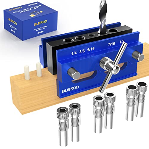 BLEKOO Self Centering Doweling Jig Kit, Drill Jig For Straight Holes Biscuit Joiner Set With 6 Drill Guide Bushings, Adjustable Width Drilling Guide - WoodArtSupply