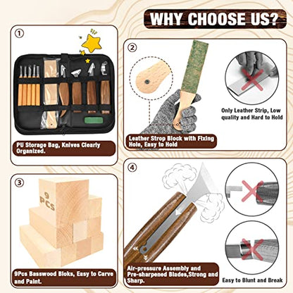 Wood Carving Kit, 23pcs Wood Carving Tool with 4PCS Wood Carving Knives & 5PCS Detail Knives 9 Basswood Blocks & Gloves & Roll Bag & Strop Block & Polishing Compound Whittling Kit Hobbies for Adults