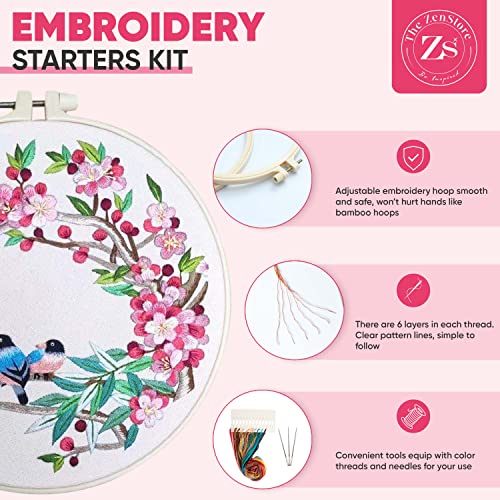 ZENSTORE 3 Sets Embroidery Kit For Beginners Adults - 3 Plastic Hoops And 3 Flowers Hand Embroidery Patterns - Needlepoint Kits For Adults - Easy The ZenStore