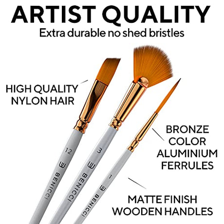 16 Pieces Premium Artist Paint Brush Set - Includes Palette Knife, Sponge, Organizing Case - Painting Brushes for Kids, Adults & Professionals - Benicci