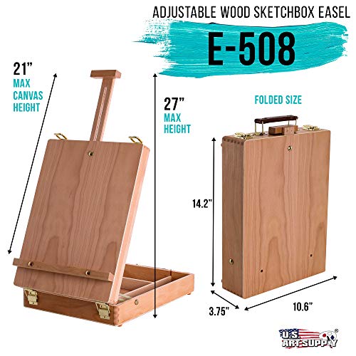 U.S. Art Supply Antigua Adjustable Wood Table Sketchbox Easel, Premium Beechwood - Portable Wooden Artist Desktop Storage Case - Store Art Paint, US Art Supply