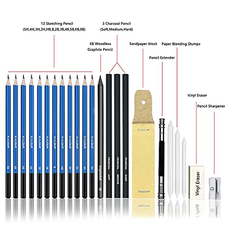 KALOUR 144 Pack Drawing Sketching Coloring Set,Include 120 Professional Soft Core Colored Pencils,Sketch & Charcoal Pencils,Sketchbook,Art Drawing KALOUR