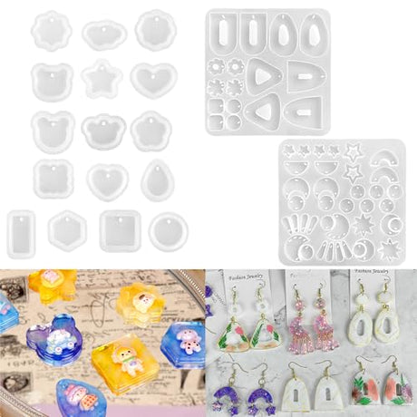 RESINWORLD Multi Piece Dangle Earrings Silicone Mold + 16pcs Variety Geometric Pendant Silicone Molds with Hanging Hole ResinWorld