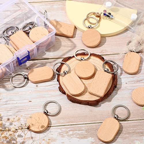 24 Pcs Wooden Keychain Blanks Wood Engraving Blanks Key Chain Unfinished Rectangle Oval Round Wood Key Tag with Plastic Storage Container for DIY Fumete