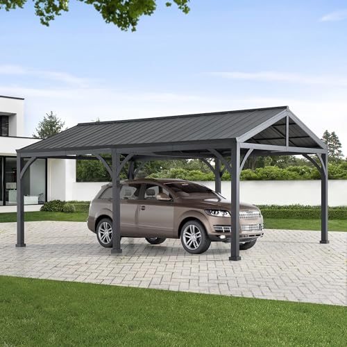 Sunjoy Carport 14 ft. x 20 ft. Outdoor Gazebo Heavy Duty Garage Car Shelter with Brown Powder-Coated Steel Roof/Black Frame and 2 Ceiling Hooks by Sunjoy