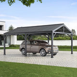 Sunjoy Carport 14 ft. x 20 ft. Outdoor Gazebo Heavy Duty Garage Car Shelter with Brown Powder-Coated Steel Roof/Black Frame and 2 Ceiling Hooks by Sunjoy