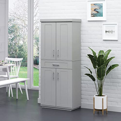 HOMCOM Modern Kitchen Pantry Freestanding Cabinet Cupboard with Doors and Drawer, Adjustable Shelving, Grey - WoodArtSupply