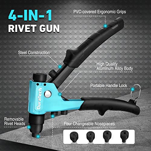 DURATECH 4-in-1 Rivet Gun, Pop Rivet Tool Kit with 100 Rivets - 3/32", 1/8", 5/32", 3/16", Heavy Duty Hand Riveter with 4 Interchangeable Nosepieces DURATECH