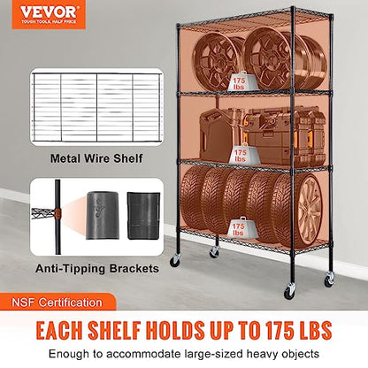 VEVOR Storage Shelving Unit with Wheels, 4-Tier Adjustable, 700 lbs Capacity, Heavy Duty Garage Shelves Metal Organizer Wire Rack, Black, 48" L x 18"