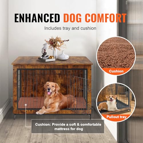 VEVOR Dog Crate Furniture, 38 inch Wooden Dog Crate with Double Doors, Heavy-Duty Dog Cage End Table with Multi-Purpose Removable Tray, Modern Dog VEVOR