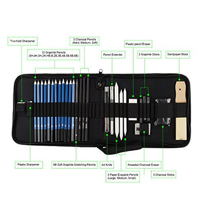 LIGHTWISH Professional Sketch and Drawing Pencil Kit with Graphite Pencils, Charcoal Pencils, Graphite Sticks, Tortillon blending Tool, 32-Piece - WoodArtSupply