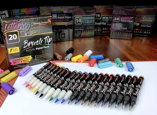 20 Brush Tip Acrylic Paint Pens, Classic and Metallic Color Double Pack, Flexible Tip Brush Paint Markers for Lettering and Creative Painting, Rocks, - WoodArtSupply