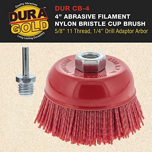 Dura-Gold 4" Abrasive Filament Nylon Bristle Cup Brush - Coarse Sanding Scuffing Brush, 5/8" 11 Thread, 1/4" Drill Arbor - Remove Rust, Corrosion, Dura-Gold