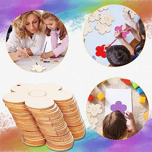 Whaline 50Pcs 3 Inch Wood Flower Cutouts Unfinished Wooden Boho Flower Cutouts with Holes and Hemp Rope DIY Blank Flower Shape Hanging Ornaments Whaline