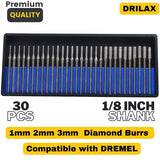 Diamond Drill Bits 1mm 2mm 3mm 30 pcs Diamond Jewelry Drill Bits for Sea Glass Shells Gem Stones Lapidary Equipment Compatible with Dremel Diamond DRILAX