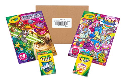 Crayola Uni-Creatures & Cosmic Cats Coloring Book Set - 2 Pack (96pgs), Animal Sticker Sheet, Metallic Crayons & Glitter Crayons - WoodArtSupply