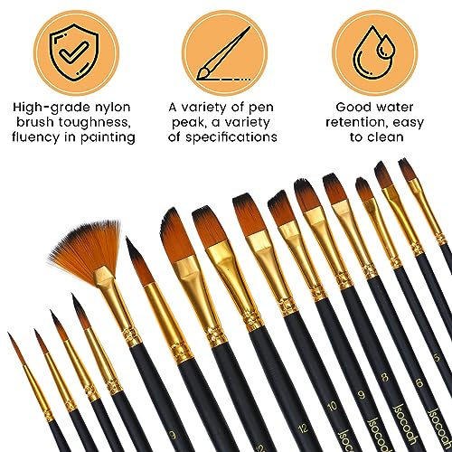 Acrylic Paint Brushes Set 15 Pieces, Nylon Bristle Paintbrushes for Acrylic Painting, Oil and Watercolor Brushes for Body Face Rock Canvas Jsocoah